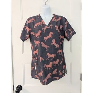 Carhartt Women Scrub Top Small Gray Pink Horse Print V-Neck Modern Fit C12114